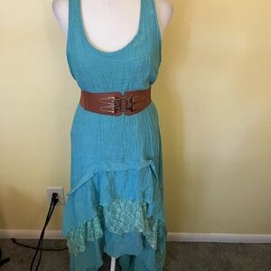 Modern Vintage Boutique Sleeveless Teal Dress with Brown Belt Size Large